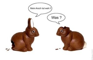 Rating: Safe Score: 0 Tags: ambiguous_gender bite_mark bite_taken candy chocolate chocolate_bunny dessert dialogue duo e621 easter feral food food_creature german_text holidays humor joke lagomorph leporid living_candy living_chocolate low_res mammal rabbit simple_background speech_bubble text translated unknown_artist white_background User: bunchy7s