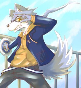 Rating: Safe Score: 0 Tags: anthro biped bottomwear canid canine canis chakram clothed clothing day e621 ear_piercing eyewear fully_clothed fur goggles grey_body grey_fur holding_object holding_weapon hoodie jacket male mammal orange_eyes outside pants piercing silverio solo standing tail topwear weapon white_body white_fur wolf User: bunchy7s