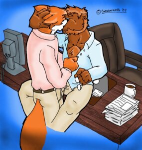 Rating: Questionable Score: 0 Tags: 2002 anthro bear black_nose brown_body brown_fur cameronwolfe canid canine duo e621 fox fur imminent_sex kissing male male/male mammal office User: bunchy7s