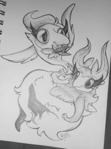 Rating: Safe Score: 0 Tags: ambiguous_gender aromatisse artist_name avian beak duo e621 eyelashes fluffy flying fur generation_6_pokemon glistening glistening_eyes hi_res long_ears looking_at_another monochrome nintendo pokemon pokemon_(species) smile spritzee tail text thebluevibrava traditional_media_(artwork) wings User: bunchy7s