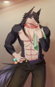 Rating: Safe Score: 0 Tags: 5_fingers abs anthro black_body black_fur bottomwear candy canid canine canis clothed clothing collar dessert domestic_dog e621 fingers food front_view fur gloves_(marking) hand_on_hip holding_food holding_object holding_towel inside lollipop looking_at_viewer male mammal markings muscular muscular_anthro muscular_male open_bottomwear open_clothing open_pants pants pink_eyes sixfeet solo tail topless towel underwear User: bunchy7s