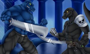 Rating: Safe Score: 0 Tags: 2012 5:3 abs anthro armor athletic belt biceps big_muscles blue_body blue_skin bone bottomwear cedric_steiner claws clenched_teeth clothed clothing dead_echo duo e621 fangs fight fleki flexing gloves green_eyes handwear helmeted_lizard hi_res lizard male melee_weapon metamorphis_(character) muscular muscular_male night pants pecs pose raining reptile robe scales scalie scar shirt skull snake standing sword tail teeth topless topwear warrior weapon yellow_eyes User: bunchy7s