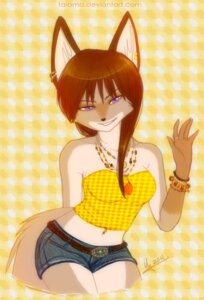 Rating: Questionable Score: 0 Tags: 2012 anthro bottomwear bracelet breasts brown_hair clothed clothing e621 female hair jewelry midriff navel navel_piercing necklace pattern_background piercing purple_eyes shorts simple_background solo taiama tail topwear tube_top yellow_background User: bunchy7s