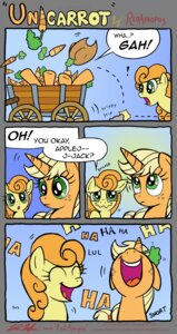 Rating: Safe Score: 0 Tags: 2014 absurd_res alpha_channel applejack_(mlp) blonde_hair carrot carrot_top_(mlp) clothing comic cowboy_hat dialogue duo e621 earth_pony english_text equid equine female food freckles friendship_is_magic green_eyes hair hasbro hat headgear headwear hi_res horse laugh mammal my_little_pony orange_hair plant pony redapropos rock text vegetable vehicle wagon User: bunchy7s