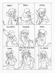 Rating: Questionable Score: 0 Tags: anatid anseriform anthro avian bird cordless_phone denike duck e621 electronics english_text female greeting group house_mouse lagomorph landline_phone leporid mammal monochrome mouse murid murine pen_(artwork) phone profanity rabbit rodent tail text traditional_media_(artwork) User: bunchy7s