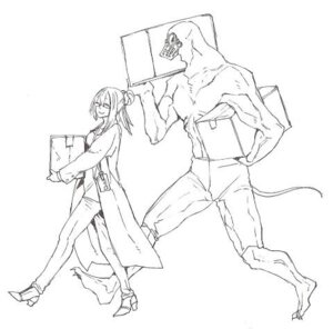 Rating: Safe Score: 0 Tags: black_and_white box carrying_another clothing coat comic container e621 eyewear female footwear gas_mask glasses goggles hair high_heels human low_res male mammal mask monochrome monster muscular oikawa_uso overcoat ponytail shoes size_difference sketch smile tail topwear walking User: bunchy7s