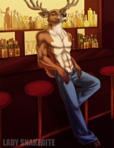 Rating: Safe Score: 0 Tags: 2010 abs alcohol anthro antlers bar bartender beverage biceps bottomwear brown_eyes buck_(deer) chest_tuft clothed clothing deer denim denim_bottomwear denim_clothing e621 food fur hooves horn jeans lady_snakebite male mammal muscular muscular_anthro muscular_male pants pecs smile solo topless tuft User: bunchy7s