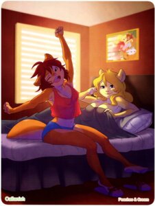 Rating: Safe Score: 0 Tags: anthro barefoot bed big_breasts blonde_hair breasts brown_eyes brown_hair callanish clothing cream_(miu) digital_media_(artwork) duo e621 feet female footwear fur furniture hair hindpaw mammal on_bed orange_body orange_fur paws peaches_(miu) plantigrade rodent sciurid shoes slippers stretching tail tree_squirrel under_covers User: bunchy7s