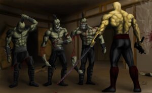 Rating: Questionable Score: 0 Tags: 3d_realms abs bald belt biceps blood bodily_fluids boots bottomwear clothed clothing death demon e621 elderly fangs finfr0sk footwear green_body green_skin group gun hi_res human katana lo_wang male mammal melee_weapon monster muscular pants pecs ranged_weapon red_eyes shadow_warrior_(series) shoes standing submachine_gun sword teeth topless vein weapon User: bunchy7s