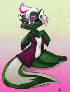 Rating: Safe Score: 0 Tags: anthro biped bottomless cheek_tuft clothed clothing dingbat e621 ear_piercing eyeshadow facial_tuft female gradient_background gross_(character) makeup mammal markings mephitid pattern_background piercing pink_nose purple_eyeshadow simple_background sitting skimpy skunk smile smiling_at_viewer solo striped_markings striped_skunk striped_tail stripes tail tail_markings toony tuft User: bunchy7s