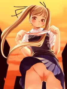 Rating: Explicit Score: 0 Tags: blonde_hair blush female hair_ribbon holding holding_panties long_hair no_panties orange_eyes panties pleated_skirt pussy red_eyes ribbon rule34 school_uniform serafuku skirt sunset tied_hair twintails uncensored underwear vest wind wind_lift User: bunchy7s