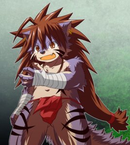 Rating: Questionable Score: 0 Tags: 2012 abstract_background anthro bandage blue_body blue_fur brown_eyes brown_hair bulge clothed clothing e621 ear_piercing fur hair long_hair male markings open_mouth piercing raitei666 simple_background skimpy solo tail topless underwear unknown_species User: bunchy7s