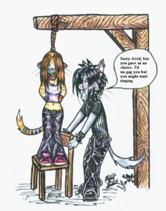 Rating: Questionable Score: 0 Tags: alternate_species alternative_fashion anthro avril_lavigne black_clothing black_hair bodily_fluids bound breasts brown_hair chair clothing collar crying dialogue duo e621 ear_piercing english_text felid female fur furniture furrification gag gagged glamfur goth grey_body grey_fur hair hands_behind_back hands_tied humor imminent_death imminent_hanging male mall_goth mammal marker_(artwork) nickki_de_smet noose open_mouth outside piercing pink_clothing purple_clothing restrained rope shirt simple_background standing studded_collar studs tail tank_top tears text topwear traditional_media_(artwork) white_background yellow_body yellow_fur User: bunchy7s