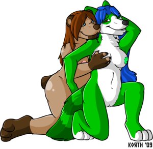 Rating: Explicit Score: 0 Tags: anthro breasts canid canine duo e621 female female/female from_behind_position fur genitals green_body green_fur grope korth mammal nipples nude one_eye_closed sex simple_background smile tail unknown_species vulva white_background User: bunchy7s
