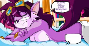 Rating: Questionable Score: 0 Tags: anthro bed bracelet breasts canid canine e621 english_text eyewear eyewear_on_head fangs featureless_breasts female fox frizzy_fox fur furniture glasses goggles goggles_on_head jewelry mammal nude on_bed purple_body purple_fur shonuff side_boob solo tail teeth text under_covers User: bunchy7s
