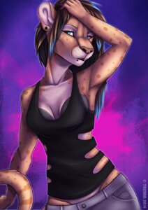 Rating: Safe Score: 0 Tags: anthro arm_above_head blue_eyes blue_hair bottomwear bra bra_peek brown_hair brown_nose cheetah clothed clothing e621 facial_piercing felid feline female hair hi_res lip_piercing mammal multicolored_hair open_mouth pants piercing shirt skimpy solo tank_top tazara topwear torn_clothing two_tone_hair underwear User: bunchy7s