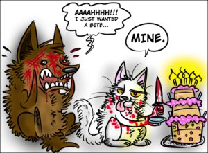 Rating: Questionable Score: 0 Tags: ambiguous_gender black_border blood bodily_fluids border cake candle canid canine canis comic dessert domestic_cat domestic_dog duo e621 english_text felid feline felis feral food greed group mammal tail text zj User: bunchy7s
