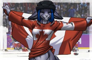 Rating: Safe Score: 0 Tags: anthro armor blue_hair bottomless canada canadian_flag canid canine clothed clothing domestic_cat e621 english_text felid feline felis female fox furball furball_(character) hair headgear helmet heterochromia hockey hybrid ice jersey kittysune mammal maple_leaf midriff nike shirt smile sochi_2014 solo sport team_canada text text_on_clothing text_on_shirt text_on_topwear topwear User: bunchy7s