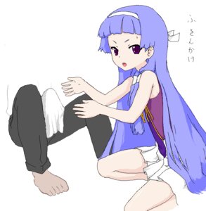 Rating: Questionable Score: 0 Tags: 1boy 1girls blue_hair blunt_bangs bulge clothing erection female hairband japanese_text kannagi long_hair male nagi oekaki purple_eyes ronsu rule34 skirt text translated User: bunchy7s