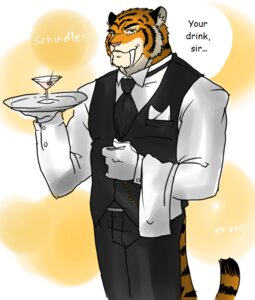 Rating: Safe Score: 0 Tags: 2013 5_fingers accessory alcohol anthro beverage biped black_body black_fur bottomwear chain character_name classy clothed clothing collared_shirt container cup dialogue dress_shirt drinking_glass e621 english_text fangs felid fingers food fully_clothed fur glass glass_container glass_cup gloves handwear hentist holding_object inner_ear_fluff looking_at_viewer male mammal necktie orange_body orange_fur pantherine pants pink_nose portrait prehistoric_species saber-toothed_tiger sabertooth_(anatomy) schindler serving_tray shirt solo standing stripes talking_to_viewer teeth text three-quarter_portrait tiger topwear tuft vest waiter wine_glass User: bunchy7s
