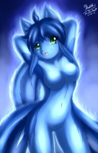 Rating: Questionable Score: 0 Tags: anthro aura blue_body blue_hair blue_theme breasts c0sm0_(character) e621 female glowing hair hi_res hybrid looking_at_viewer mnxenx001 nude solo tail unknown_species User: bunchy7s