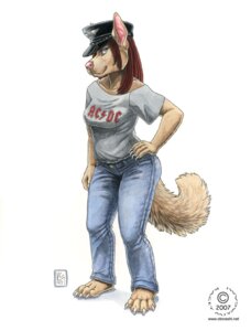 Rating: Safe Score: 0 Tags: 2007 ac/dc anthro bottomwear canid canine canis clothing denim denim_bottomwear denim_clothing domestic_dog e621 female hat headgear headwear jeans kacey laura_(lauradog) mammal pants pose print_clothing print_shirt print_t-shirt print_topwear shirt simple_background smile solo t-shirt tail tomboy topwear User: bunchy7s