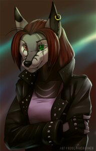 Rating: Safe Score: 0 Tags: anthro black_nose brown_hair canid canine canis clothing e621 ear_piercing female fur grey_body grey_fur hair heterochromia jacket katinka_vexoria koul mammal piercing solo topwear wolf User: bunchy7s