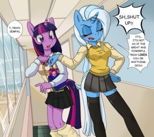 Rating: Safe Score: 0 Tags: 2013 anthro anthrofied arrogant blue_body blue_fur blush book bottomwear clothed clothing duo e621 english_text equid equine female friendship_is_magic fur gift hair hallway hand_on_hip hasbro horn inside kandlin legwear mammal multicolored_hair my_little_pony mythological_creature mythological_equine mythology purple_body purple_eyes purple_fur purple_hair school school_uniform skirt stockings text thigh_highs trixie_(mlp) tsundere twilight_sparkle_(mlp) two_tone_hair unicorn uniform window User: bunchy7s