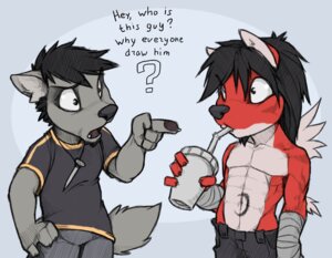 Rating: Safe Score: 0 Tags: 2010 anthro beverage black_hair canid canine canis clothed clothing dialogue digital_media_(artwork) drinking duo e621 english_text food fur gesture hair hand_gesture male mammal pointing pointing_at_another pointing_at_head question_mark secret_(character) simple_background tail text topless wolf wolfy-nail wolfy-nail_(character) User: bunchy7s