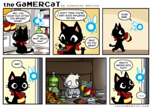 Rating: Safe Score: 0 Tags: ambiguous_gender comic domestic_cat e621 english_text felid feline felis gamercat_(character) glitch_(the_gamercat) grid_layout mammal navi nintendo ocarina_of_time samantha_whitten six_frame_image text the_gamercat the_legend_of_zelda url User: bunchy7s
