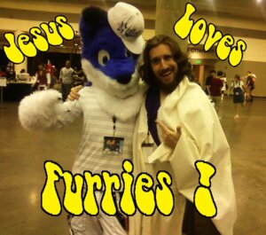 Rating: Safe Score: 0 Tags: anthro christianity clothing cosplay costume dj_woof e621 fursuit grandfathered_content group human jesus_christ love male mammal real religion smile User: bunchy7s