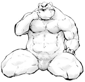 Rating: Questionable Score: 0 Tags: anthro barazoku bear biped bulge clothing e621 embarrassed kemono looking_at_viewer male mammal monochrome muscular muscular_anthro muscular_male nipples pecs simple_background sitting solo spread_legs spreading thong underwear unknown_artist User: bunchy7s