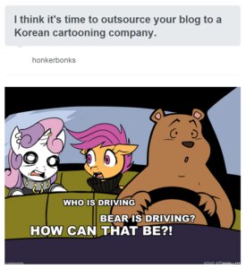 Rating: Safe Score: 0 Tags: ambiguous_gender aphexangel bear car clerks_(series) e621 english_text equid equine female feral friendship_is_magic group hair hasbro horse inside_car inside_vehicle mammal meaniebelle my_little_pony pony scootaloo_(mlp) stalkerloo sweetie_belle_(mlp) text toony vehicle User: bunchy7s