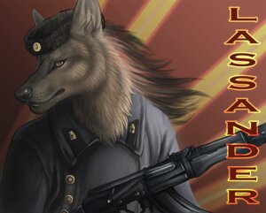 Rating: Safe Score: 0 Tags: anthro black_nose brown_eyes canid canine canis character_name clothed clothing detailed e621 eye_patch eyewear front_view gun hair half-length_portrait lassander looking_at_viewer male mammal portrait pose ranged_weapon rukis solo text uniform weapon wolf User: bunchy7s