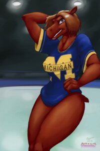 Rating: Safe Score: 0 Tags: 2012 4_fingers anthro black_clothing black_shirt black_topwear blue_clothing blue_shirt blue_topwear bottomless breasts brown_body brown_ears brown_eyes brown_fur brown_hair brown_tail clothed clothing deer e621 female fingers fossilizedart fur hair hand_behind_head hand_on_hip hi_res hockey horizontal_pupils jersey mammal moose multicolored_clothing multicolored_shirt multicolored_topwear new_world_deer pinup pose pupils shirt short_hair short_tail solo sport tail tallulah_elkins teeth text thick_thighs topwear university_of_michigan wide_hips yellow_clothing yellow_shirt yellow_topwear User: bunchy7s