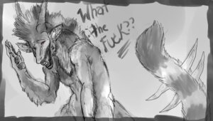 Rating: Safe Score: 0 Tags: anthro bad_posture e621 english_text greyscale horn horned_tail kitsubaka laugh male monochrome pawpads reaction_image restricted_palette solo tail teeth text unknown_species what User: bunchy7s