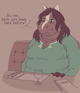 Rating: Safe Score: 0 Tags: anthro awkward beryl_(moult) biped blaze_(marking) breasts brown_body brown_hair brown_skin cleavage clothed clothing container cup cutlery date dialogue digital_media_(artwork) double_chin drinking_glass e621 english_text equid equine facial_markings female fingerless_(marking) fork front_view glass glass_container glass_cup green_clothing green_topwear grey_eyes grin hair half-length_portrait head_markings horse jewelry kitchen_utensils mammal markings moult_(artist) necklace nervous obese obese_anthro obese_female overweight overweight_anthro overweight_female portrait restaurant shirt sitting smile snout solo text three-quarter_view tools topwear wine_glass User: bunchy7s