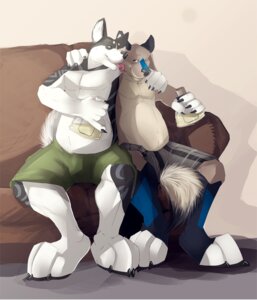 Rating: Questionable Score: 0 Tags: alcohol anthro beverage black_nose blue_body blue_fur brown_body brown_fur canid canine canis claws clothed clothing domestic_dog drinking duo e621 food fur green_eyes grey_body grey_fur husky licking male male/male mammal no_swift nordic_sled_dog romantic romantic_couple segy smile spitz tail tongue tongue_out topless white_body white_fur User: bunchy7s