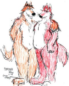 Rating: Safe Score: 0 Tags: 1999 anthro archived_source arm_around_shoulders bd black_nose brown_body brown_fur canid canine canis casual_nudity colored_sketch domestic_dog duo e621 english_text fur half-closed_eyes hand_on_shoulder left_hand_drawing looking_at_viewer male male/male mammal narrowed_eyes navel nude orange_body orange_fur pen_(artwork) red_body red_fur simple_background sketch slightly_chubby standing tail text traditional_media_(artwork) whiskers white_background User: bunchy7s