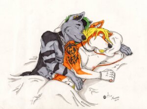 Rating: Safe Score: 0 Tags: 2011 ace_stryker anthro artist_name athletic bed bed_sheet bedding black_hair blonde_hair canid canine canis cuddling dated domestic_dog duo e621 ear_piercing eyes_closed facial_hair fur furniture goatee green_hair grey_body grey_fur hair hi_res husky industrial_piercing jewelry love lying male male/male mammal multicolored_body multicolored_fur necklace nipples nordic_sled_dog nude on_bed on_side orange_body orange_fur piercing ryan_sanderson sleeping smile spitz spooning tattoo text two_tone_body two_tone_fur under_covers white_body white_fur wolf User: bunchy7s