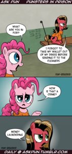 Rating: Safe Score: 0 Tags: 2013 ask_pun blue_eyes clothing comic cutie_mark dialogue duo e621 earth_pony english_text equid equine fan_character female feral friendship_is_magic fur green_eyes hair hasbro hi_res horse humor mammal my_little_pony pink_body pink_fur pink_hair pinkie_pie_(mlp) pony pony-berserker prison pun_pony red_body red_fur tally_marks text url western_tally_marks User: bunchy7s