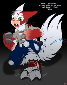 Rating: Safe Score: 0 Tags: bite catmonkshiro claws clothing e621 english_text fur generation_3_pokemon hi_res male markings mid_transformation nintendo pokemon pokemon_(species) pokemon_speak red_markings ripping solo species_transformation tail teeth text transformation white_body white_fur zangoose User: bunchy7s