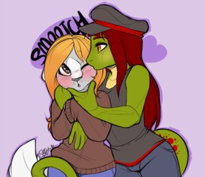 Rating: Safe Score: 0 Tags: 2012 anthro blush breasts chloe_(chloe.hydraconis) clothing domestic_cat duo e621 english_text felid feline felis female female/female gecko hair hat headgear headwear kissing lizard mammal minettefraise neko_(strawberryneko) red_hair reptile romantic romantic_couple scalie tail text User: bunchy7s