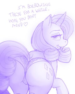 Rating: Questionable Score: 0 Tags: 2014 4:5 badenov butt clothing cutie_mark dialogue e621 english_text equid equine female feral friendship_is_magic hair hasbro horn looking_at_viewer looking_back mammal monochrome my_little_pony mythological_creature mythological_equine mythology panties rarity_(mlp) solo text underwear unicorn User: bunchy7s
