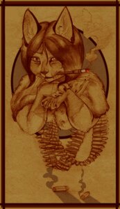Rating: Safe Score: 0 Tags: 2007 ammunition anthro border bust_portrait cigarette_holder domestic_cat e621 felid feline felis female graphite_(artwork) mammal miyabita_cheetah monochrome portrait sepia sketch smoking solo traditional_media_(artwork) yellow_border User: bunchy7s