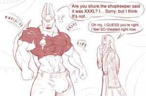 Rating: Questionable Score: 0 Tags: abs anthro biceps big_muscles bottomwear bulge clothed clothing dialogue duo e621 english_text facial_hair fur hair lagomorph lesserconjuror male mammal muscular nipples pants pecs robe shirt standing tail text topwear torn_clothing vein User: bunchy7s