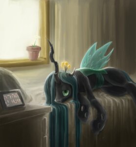 Rating: Safe Score: 0 Tags: 2012 arthropod bed changeling_(mlp) clock daisy_(flower) e621 female feral flower friendship_is_magic furniture green_eyes green_hair hair hasbro horn insect_wings long_hair morning my_little_pony nelvakre plant queen_chrysalis_(mlp) solo window wings User: bunchy7s