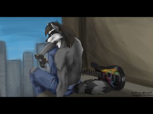 Rating: Safe Score: 0 Tags: anthro bass_guitar biped black_bars bottomwear city clothed clothing denim denim_bottomwear denim_clothing e621 english_text fluffy fluffy_tail fur gloves green_eyes grey_body grey_fur guitar hair handwear jeans koul letterbox looking_at_viewer looking_back looking_back_at_viewer male mammal markings musical_instrument pants plucked_string_instrument procyonid raccoon ring_(marking) ringed_tail sitting smile solo string_instrument striped_markings striped_tail stripes tail tail_markings text topless torn_clothing User: bunchy7s