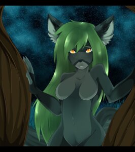 Rating: Safe Score: 0 Tags: anthro black_bars breasts e621 female green_hair hair letterbox navel orange_eyes outside sky solo space star sukaberry tail User: bunchy7s