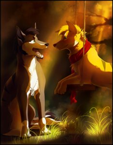 Rating: Safe Score: 0 Tags: 2011 black_border border canid canine canis detailed_background dog_tags duo e621 female feral high_contrast male mammal quadruped tail tamberella toony wolf User: bunchy7s